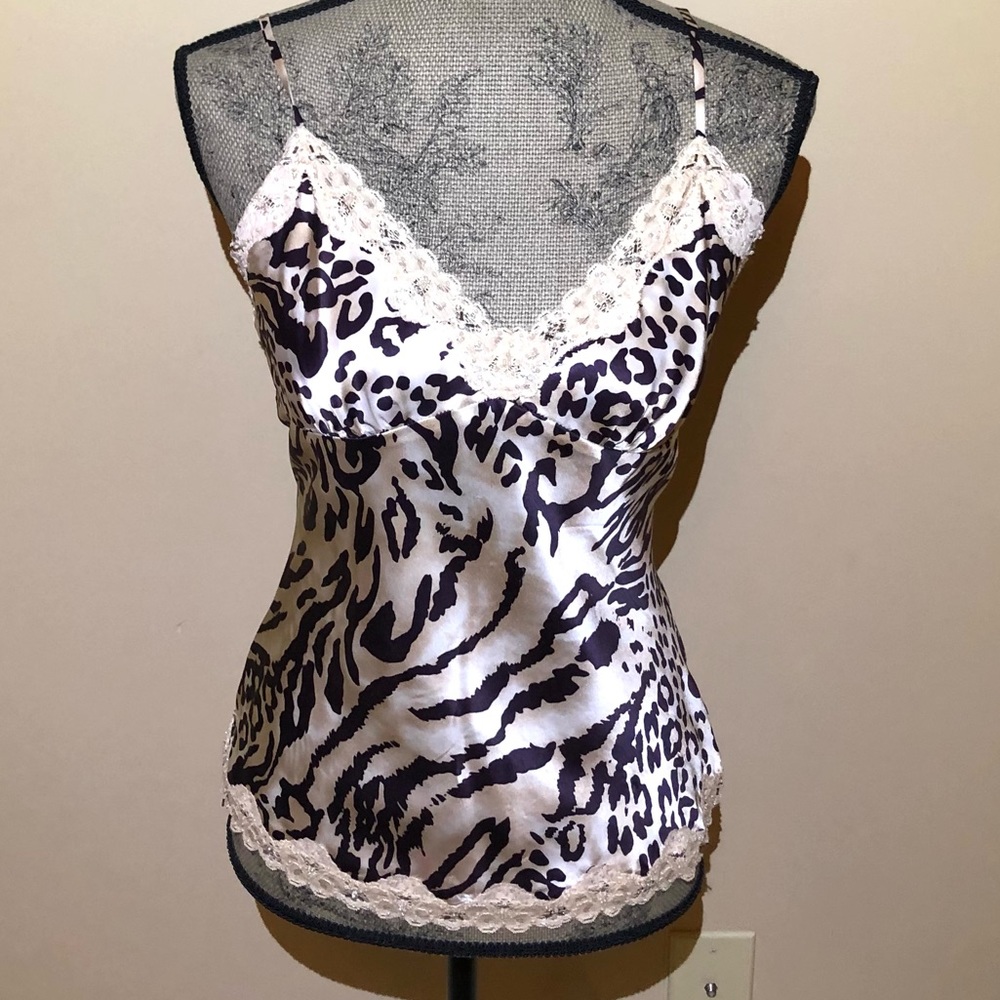 Gracie 100% Silk Leopard Print Lace & Beaded Trimmed Camisole. Sz Medium